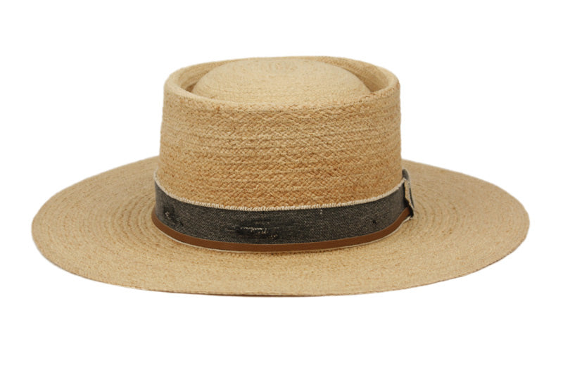 Morreton Wide Flat Brim Raffia Straw Pork Pie Hat M107 front