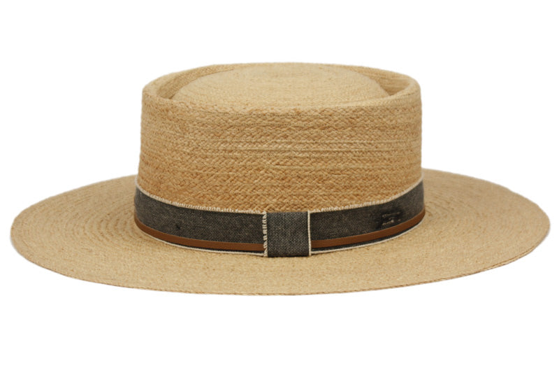 Morreton Wide Flat Brim Raffia Straw Pork Pie Hat M107 side