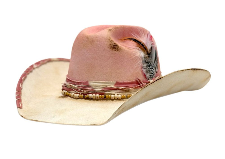 Morreton Vintage Style Wool Felt Cowboy Hat with Trim Band and Feather M7144