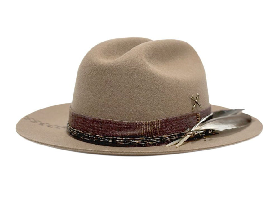 Morreton Open Road Wool Felt Fedora Hat with Trim Band and Feather M7148