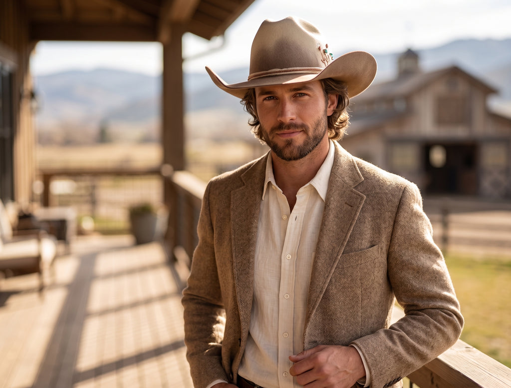 Morreton Wool Felt Cowboy Hat with Trim Band and Feather M7171