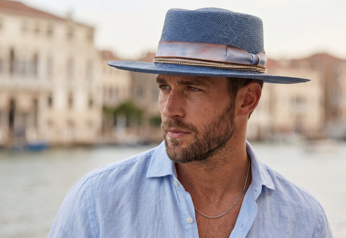 Morreton Wide Brim Toyo Straw Pork Pie Fedora with Fabric Band M121