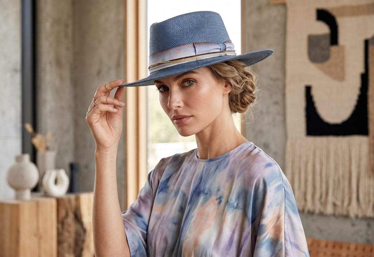 Morreton Wide Brim Toyo Straw Pork Pie Fedora with Fabric Band M121
