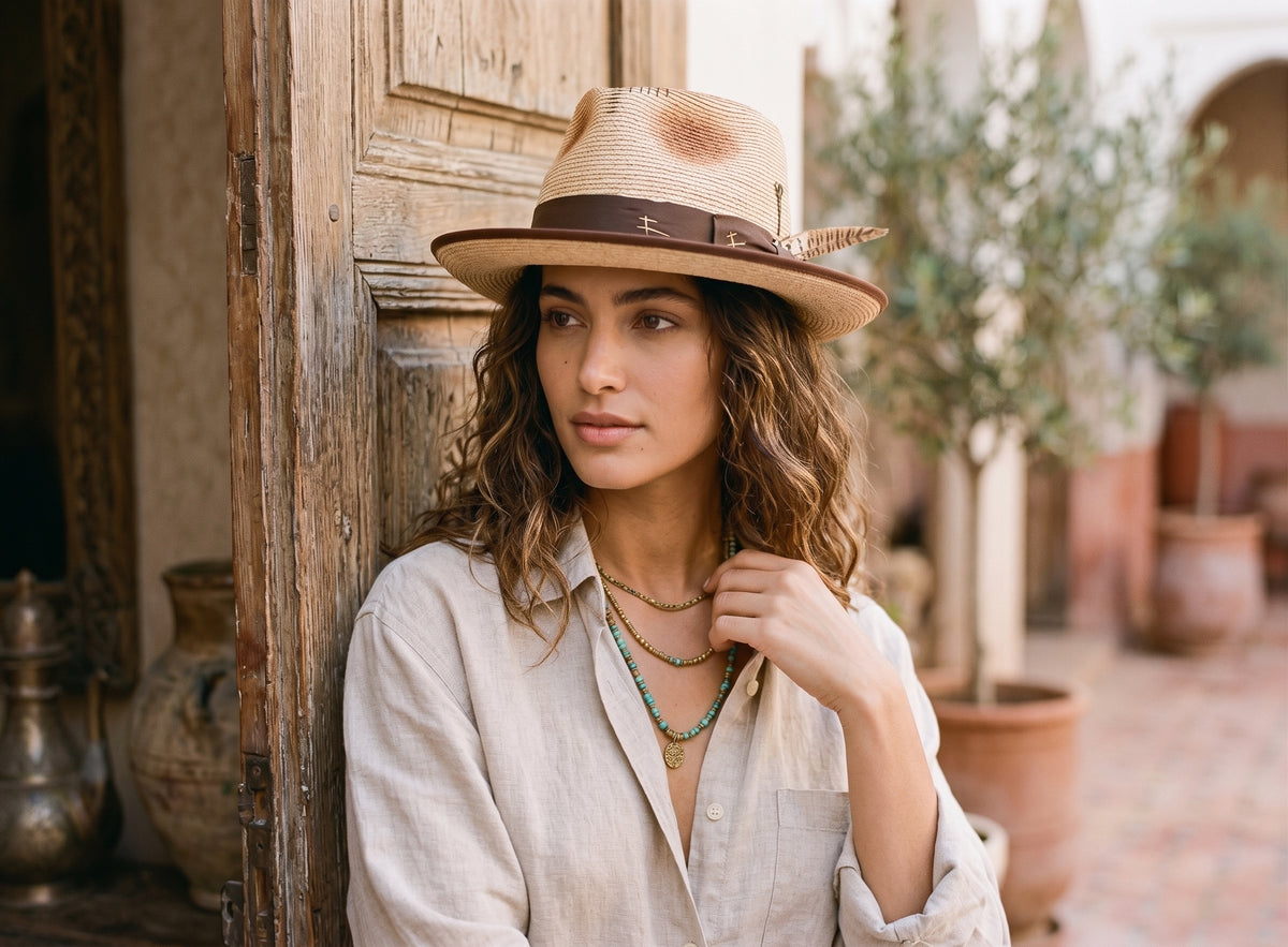 Morreton Woven Raffia Straw Fedora with Cloth Band and Feather M7079