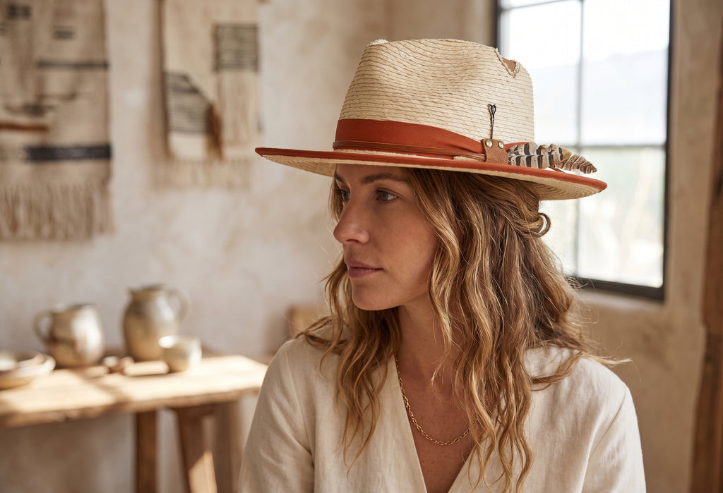 Morreton Woven Straw Fedora with Decoration Band and Feather M7108