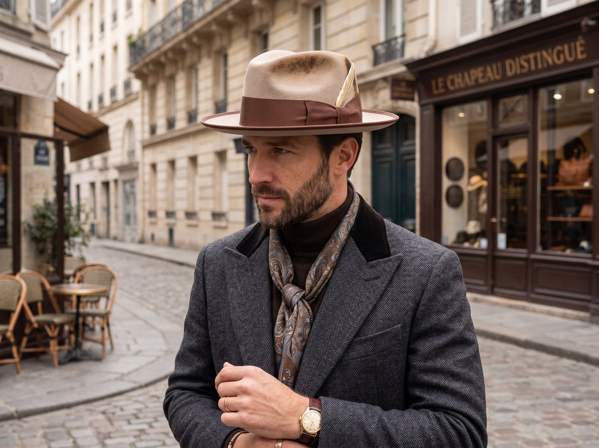 Morreton Vintage Wool Felt Fedora with Grosgrain Band and Feather M97