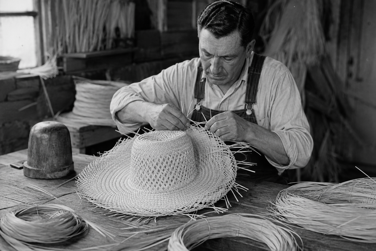 Morreton artisan hand-weaving a straw hat