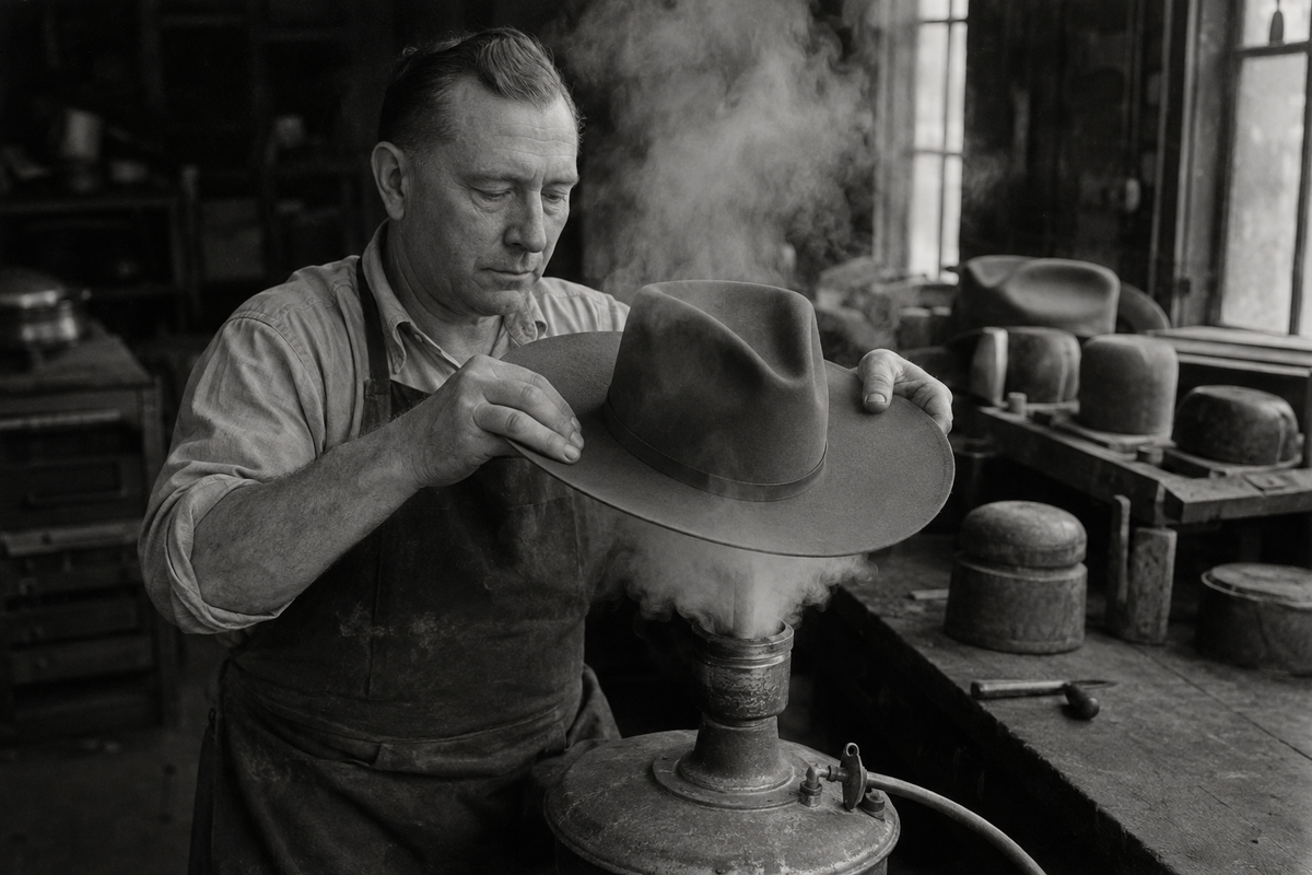 Morreton artisan steam-shaping a felt hat