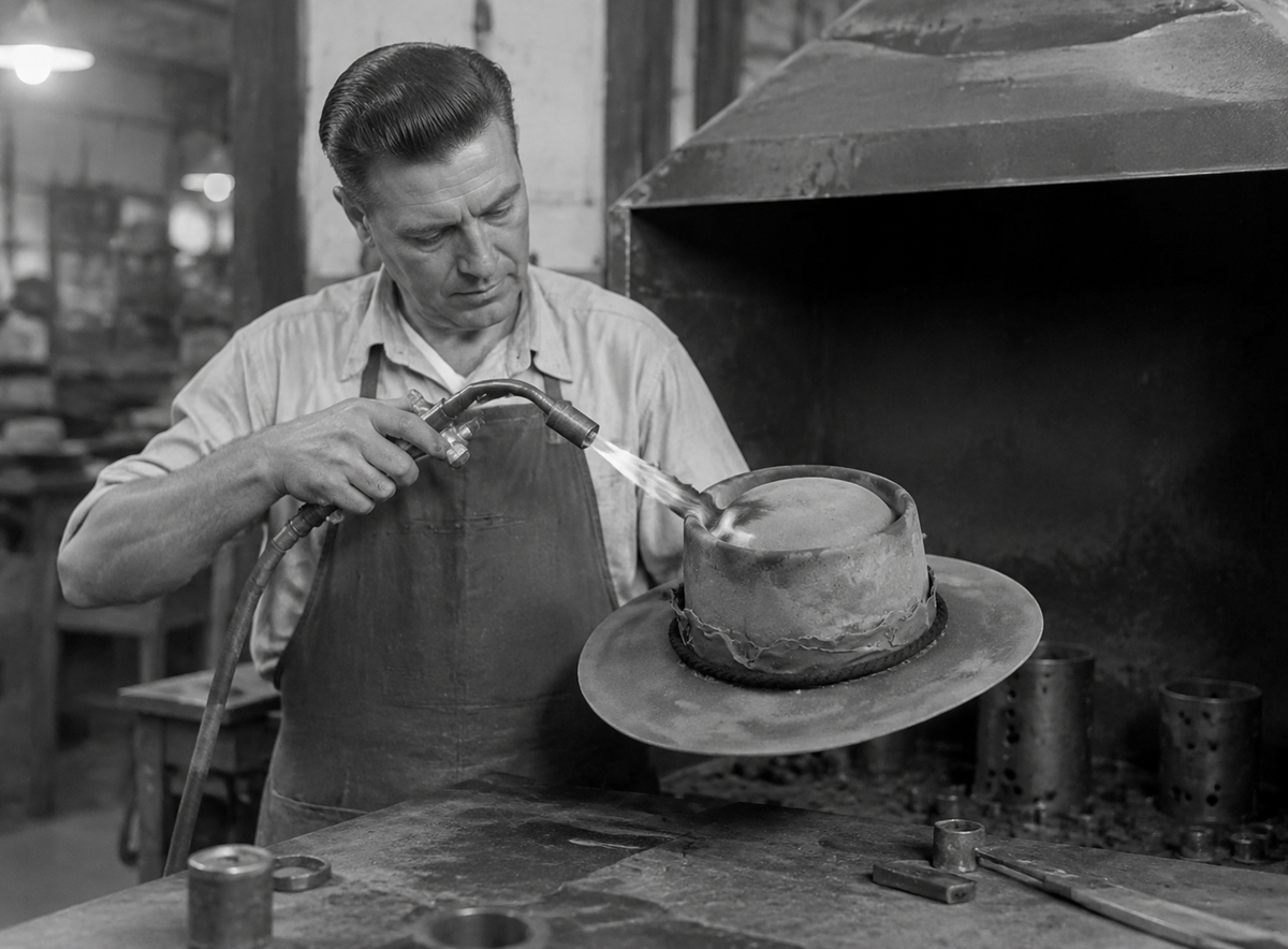 Morreton artisan finishing a hat with a torch