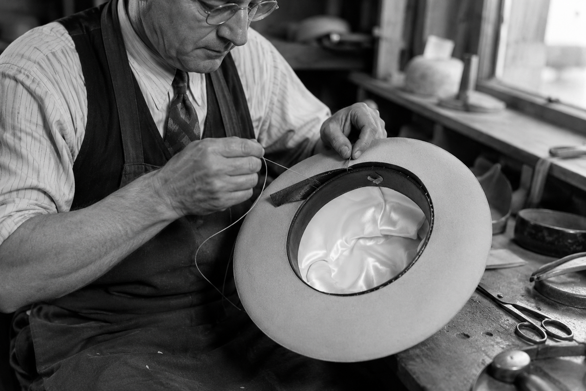 Morreton artisan hand-stitching the sweatband inside a hat
