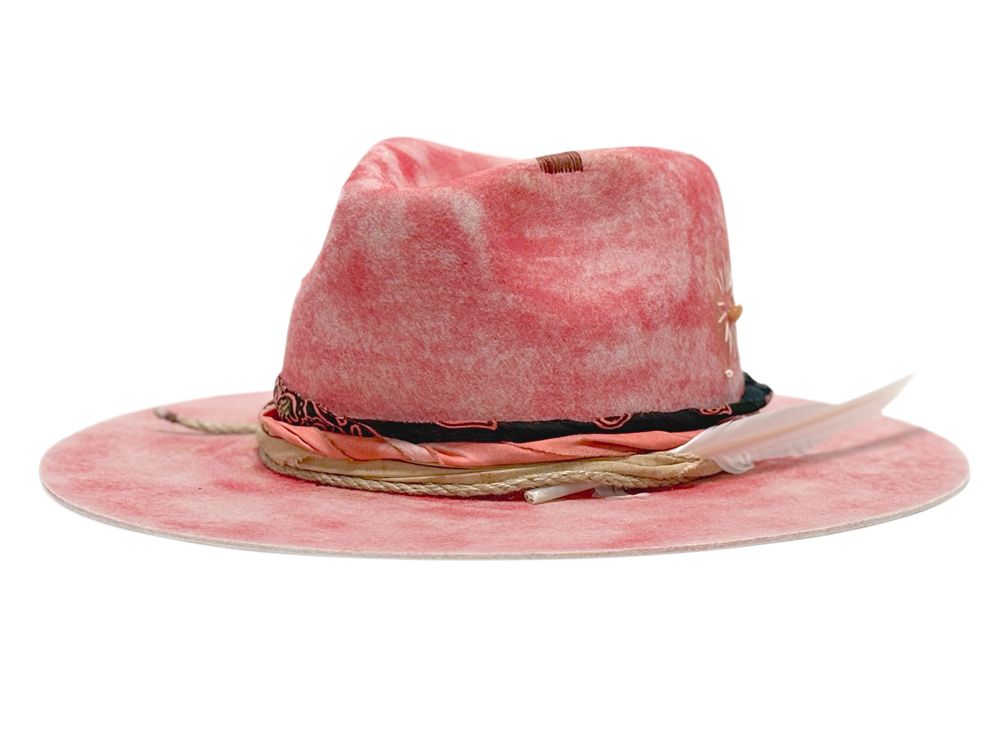 Morreton M7149 distressed pink wool felt hat - feather trim side view